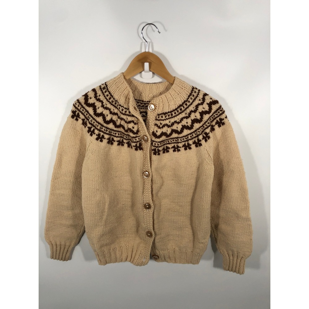 VTG Handknit 90s Scandinavian Cardigan L Brown Thick Chunky Warm Layering